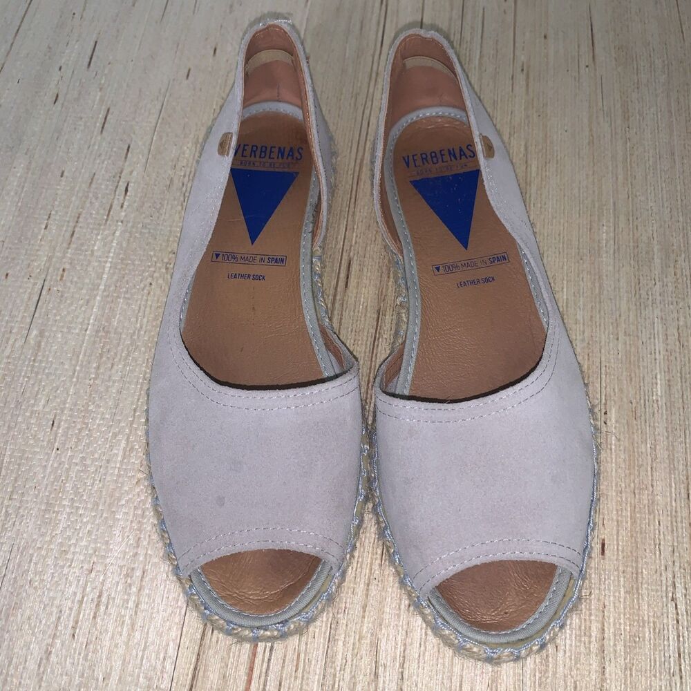 Verbenas Gray Cruz Leather & Suede Espadrille Flats Shoes US Size 8 Peep Toe